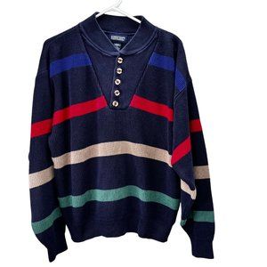 Vintage Lands End Sweater M Pullover Striped Navy Blue Nautical Buttons Chunky